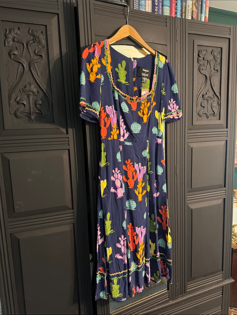 Modcloth Navy Midi Dress with Bright Multicolor Cactus Print